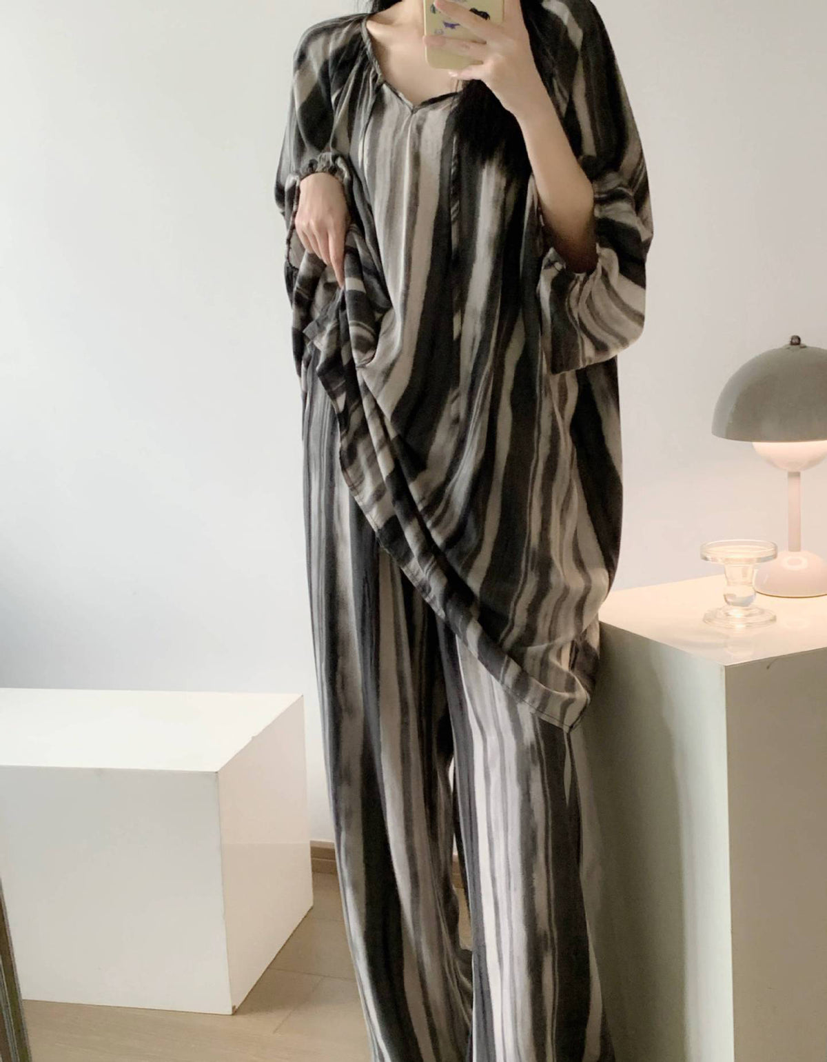 Comfortable White Black Striped Soft Loungewear Set