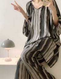 Comfortable White Black Striped Soft Loungewear Set