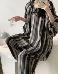 Comfortable White Black Striped Soft Loungewear Set