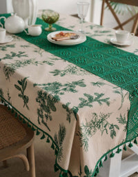 Cotton Center Lace Pieced Flowers Printed Tablecloth (Blue; Green)