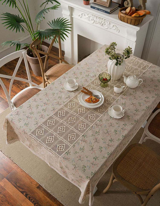 Cotton Center Lace Pieced Flower Printe Tablecloth (Beige)