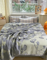 Cotton Gauze Leaf Pattern Reversible Bedcover Sofa Blanket