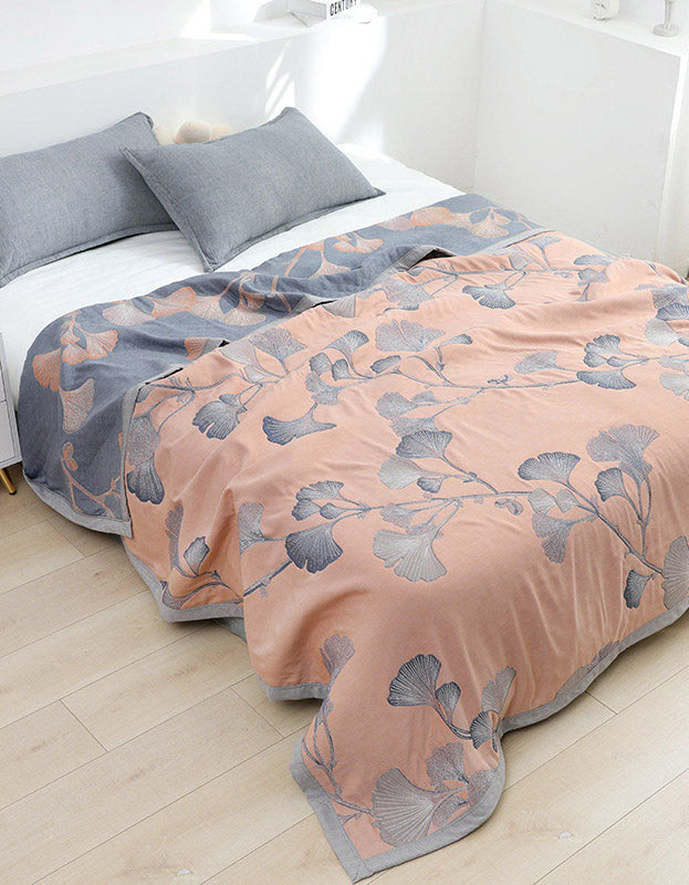 Cotton Gauze Leaf Pattern Reversible Bedcover Sofa Blanket