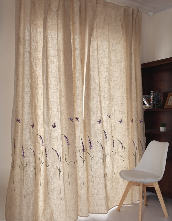 Countryside Linen Lavender Butterfly Embroidery Finished Curtains