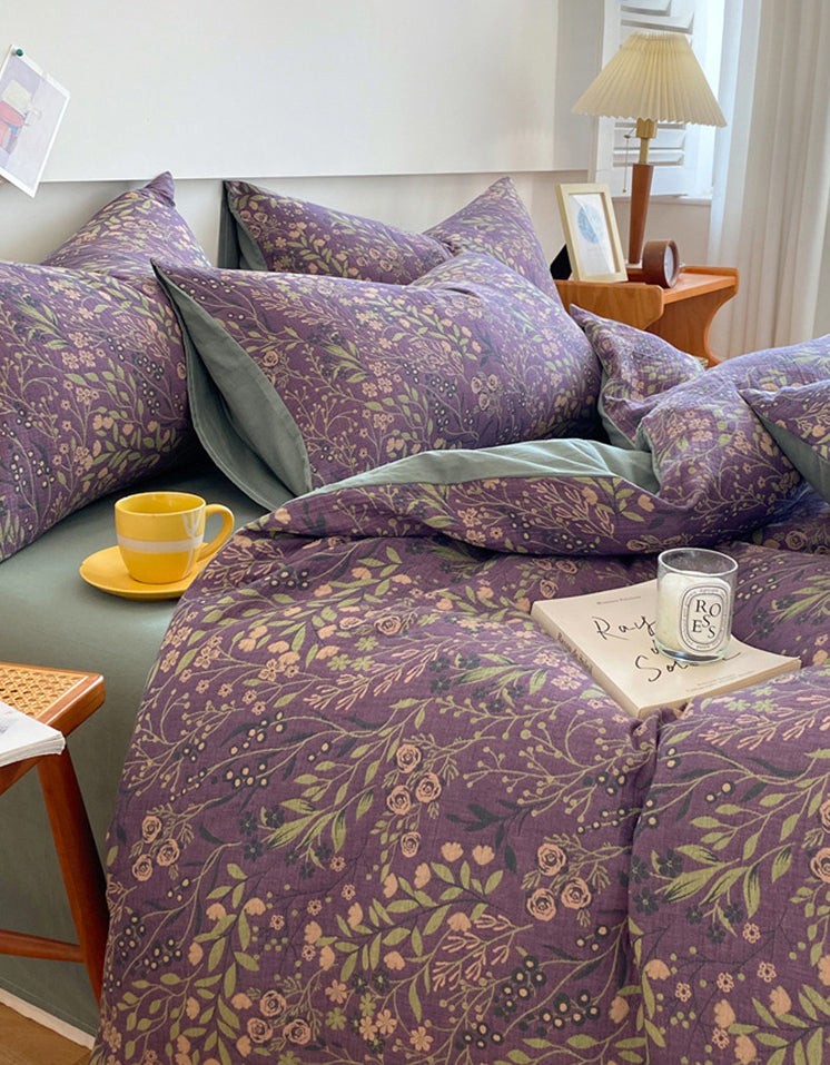 Elegant Botanical Purple Floral Bedding Set (4PCS)