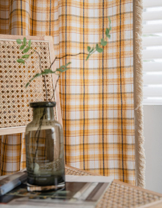 Farmhouse Style Tassel Edge Cotton Plaid Curtains