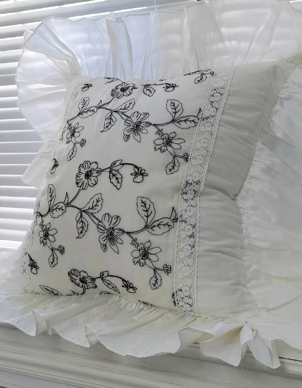 French Embroidered Lace Ruffle Cotton Cushion Cover