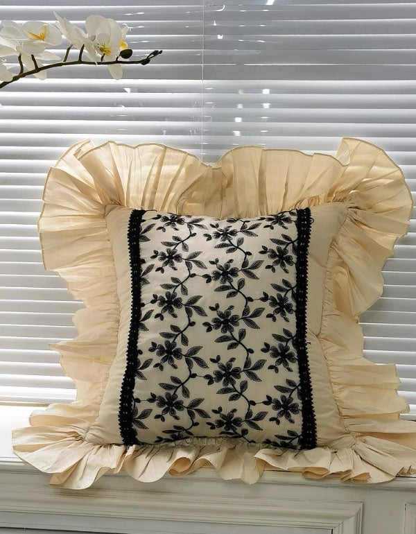 French Embroidered Lace Ruffle Cotton Cushion Cover