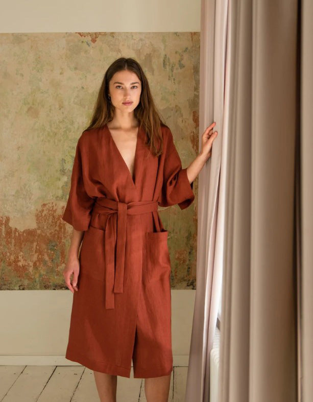 Homewear French Style Mid-length Linen Bathrobe