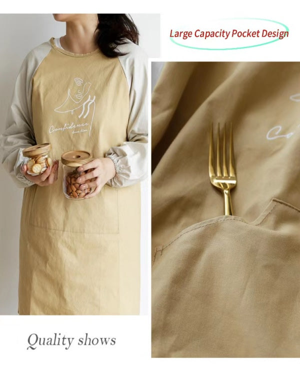 Khaki Waterproof And Oil-proof Cotton Long-sleeved Kitchen Apron
