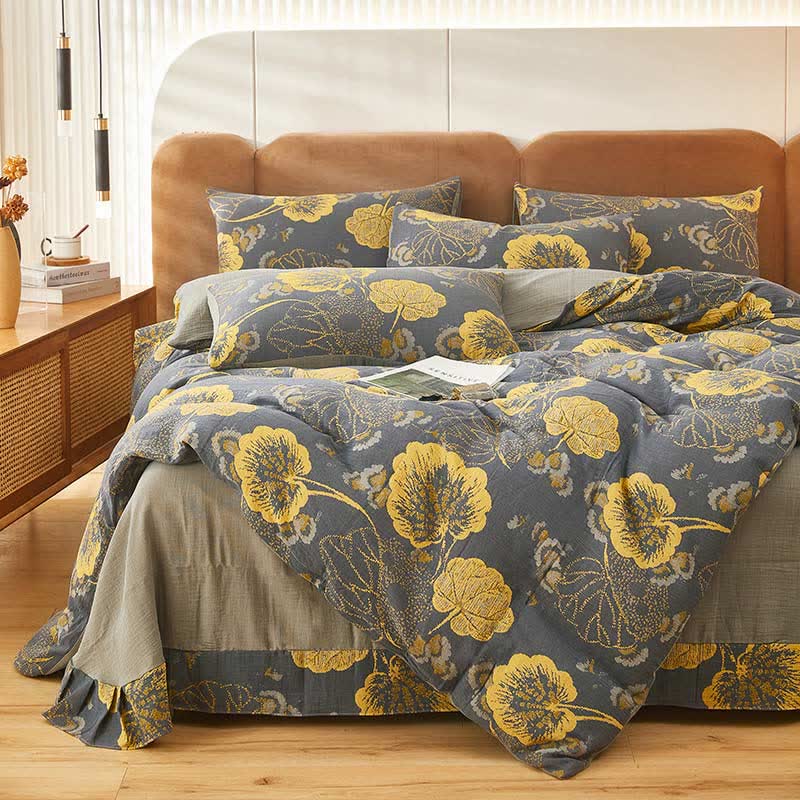 Luxury Cotton Gray Yellow Floral Bedding Set (4PCS)