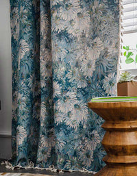 Oil Painting Style Flower Pattern Tassel Curtains
