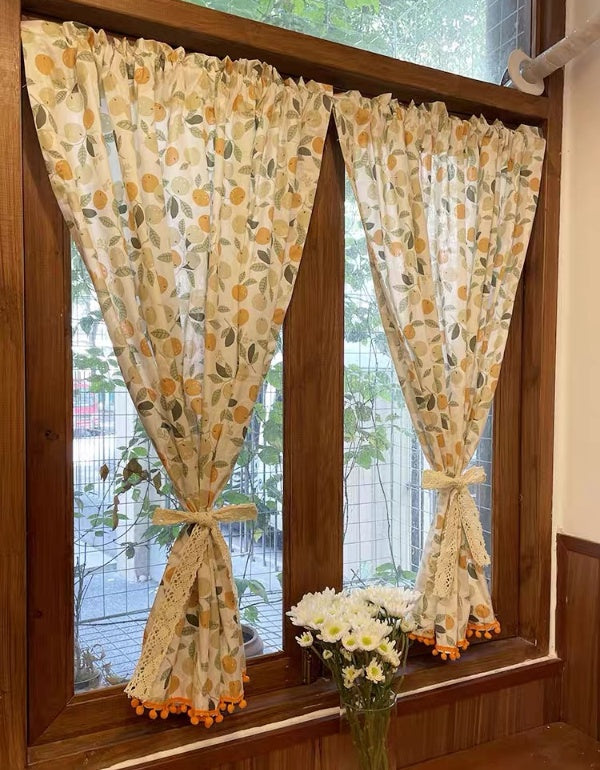 Pastoral Style Orange Printed Cotton Linen Curtains