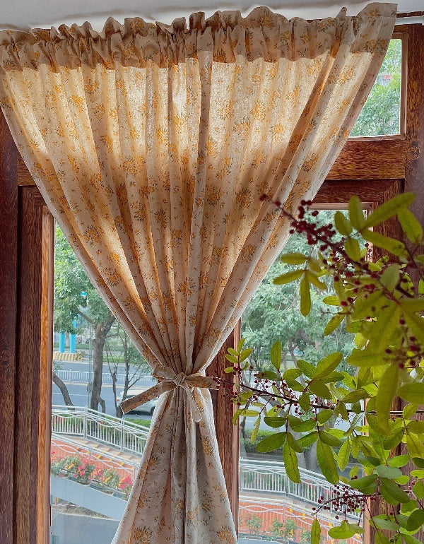 Cortinas de algodón puro con diseño de flores amarillas estilo pastoral