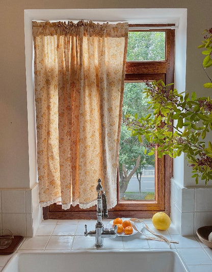 Cortinas de algodón puro con diseño de flores amarillas estilo pastoral