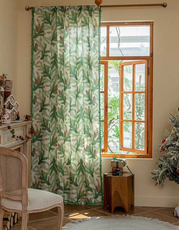 Pinecone Pine Needle Curtain with Green Tassel Trim