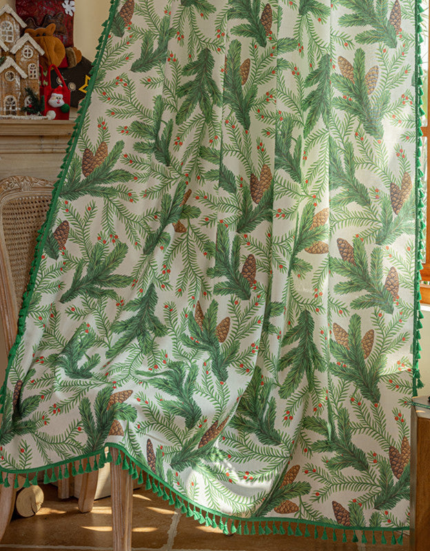 Pinecone Pine Needle Curtain with Green Tassel Trim