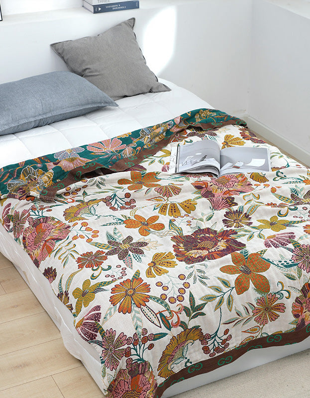 Pure Cotton Reversible Floral Gauze Bedcover Sofa Blanket
