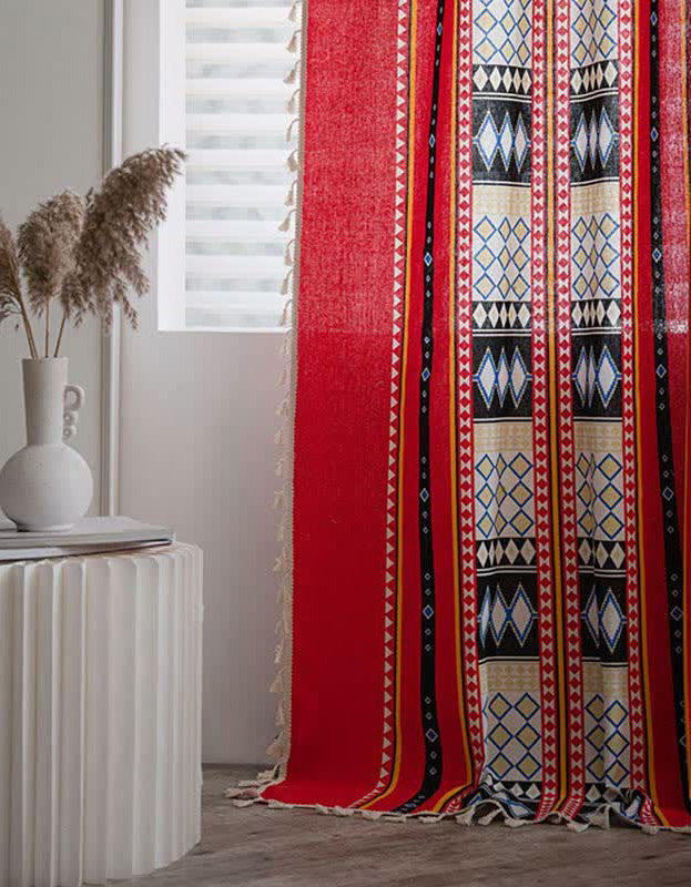 Red Bohemian Tassel Cotton Linen Curtains