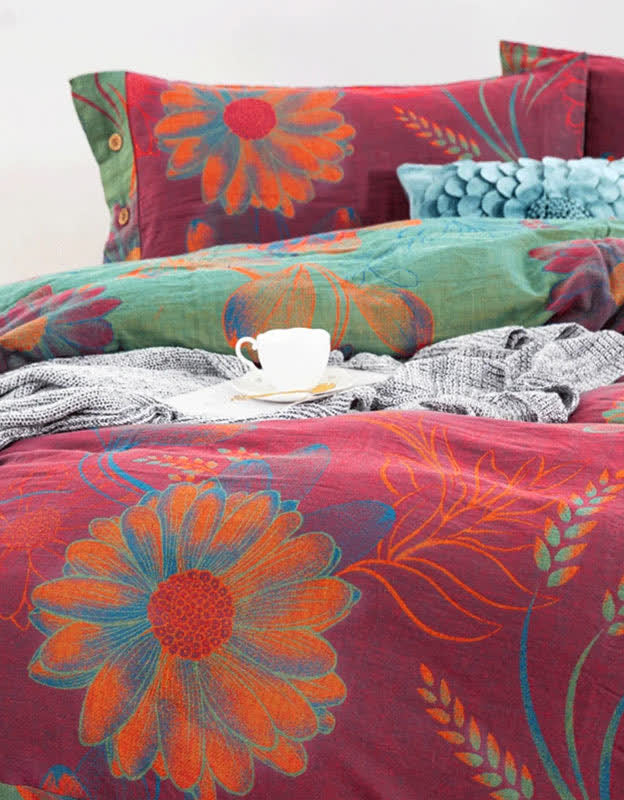 Red Green Bohemian Floral Daisy Print Bedding Set (4PCS)