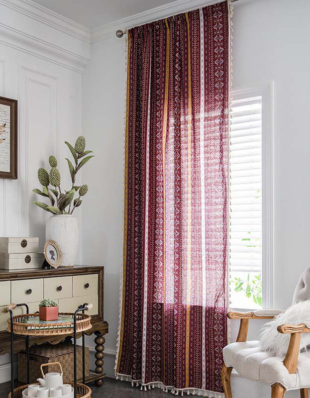 Red Pattern Striped Cotton Linen Curtains