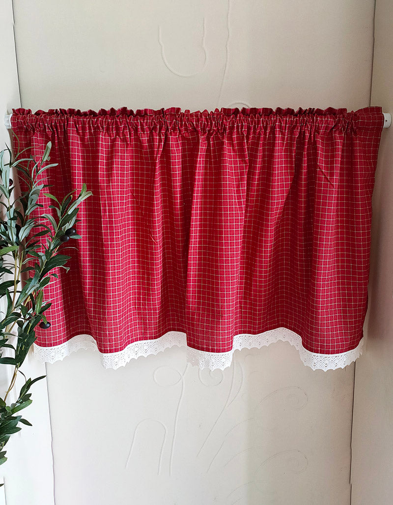 Red Plaid Lace Hem Half Door Curtains