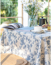 Retro Country Blue Rose Cotton Linen Table Cloth