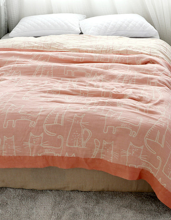 Reversible Cat Print Cotton Gauze Bedcover Sofa Blanket