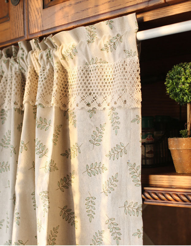 Rod Packet Green Leaves Print Half Curtains