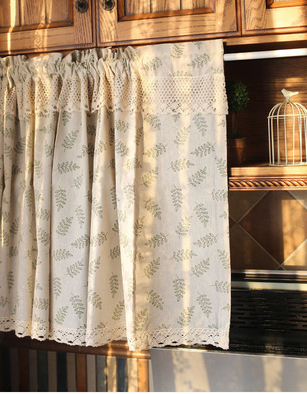 Rod Packet Green Leaves Print Half Curtains