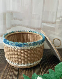 Rustic Jute and Fabric Woven Storage Basket with Lid