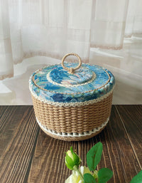 Rustic Jute and Fabric Woven Storage Basket with Lid