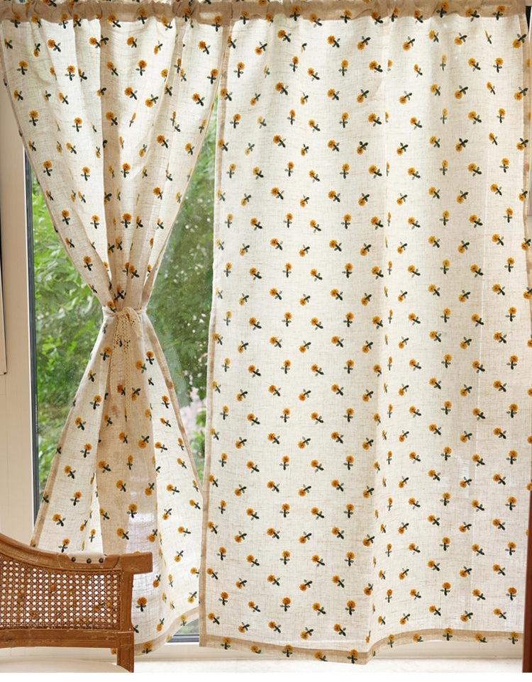 Soft Sunflower Embroidered Linen Curtain