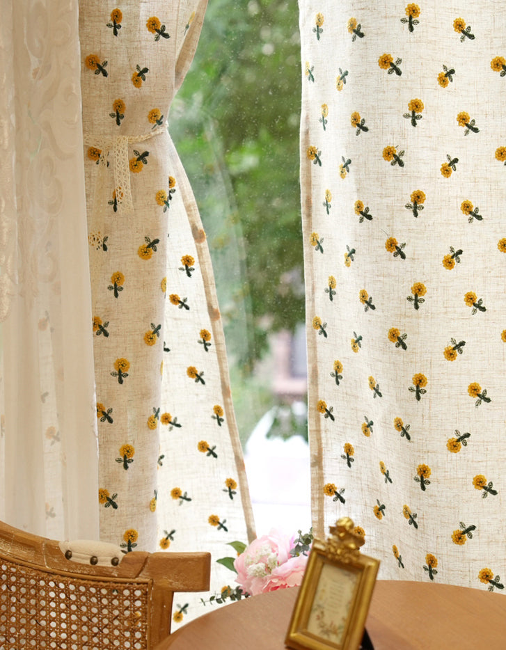 Soft Sunflower Embroidered Linen Curtain