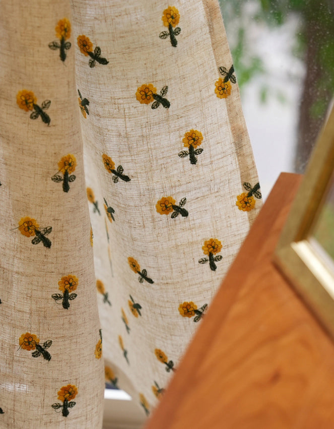 Soft Sunflower Embroidered Linen Curtain