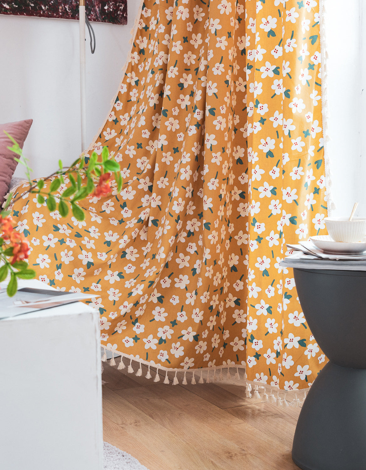Summer Flowers Printing Cotton Floral Curtain Yellow
