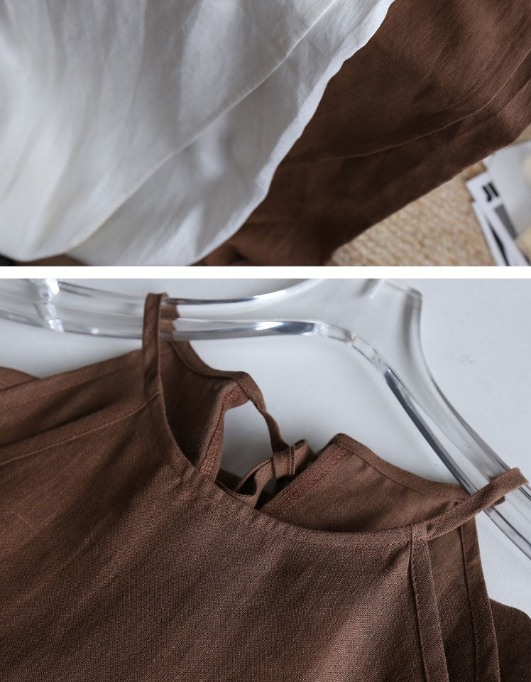 Summer Linen Front Slit Neck Suspender Dress
