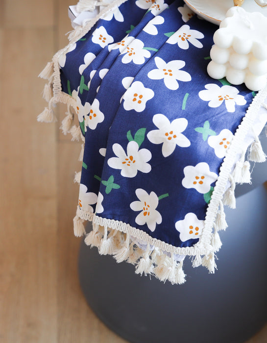 Summer White Flowers Printing Cotton Curtain Navy