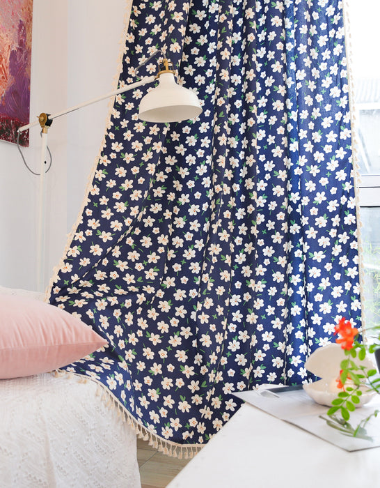 Summer White Flowers Printing Cotton Curtain Navy