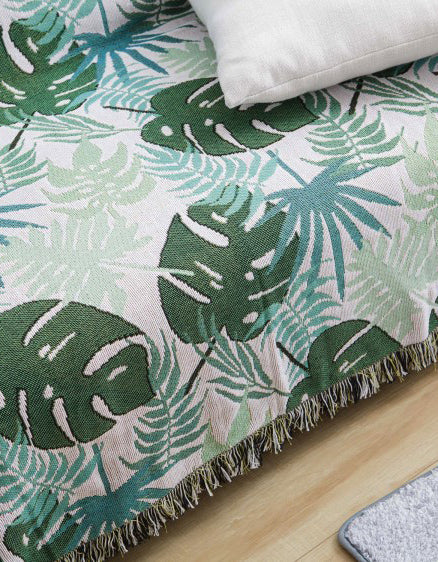 Tropical Greenery Leaf Sofa Blanket with Fringed Edges