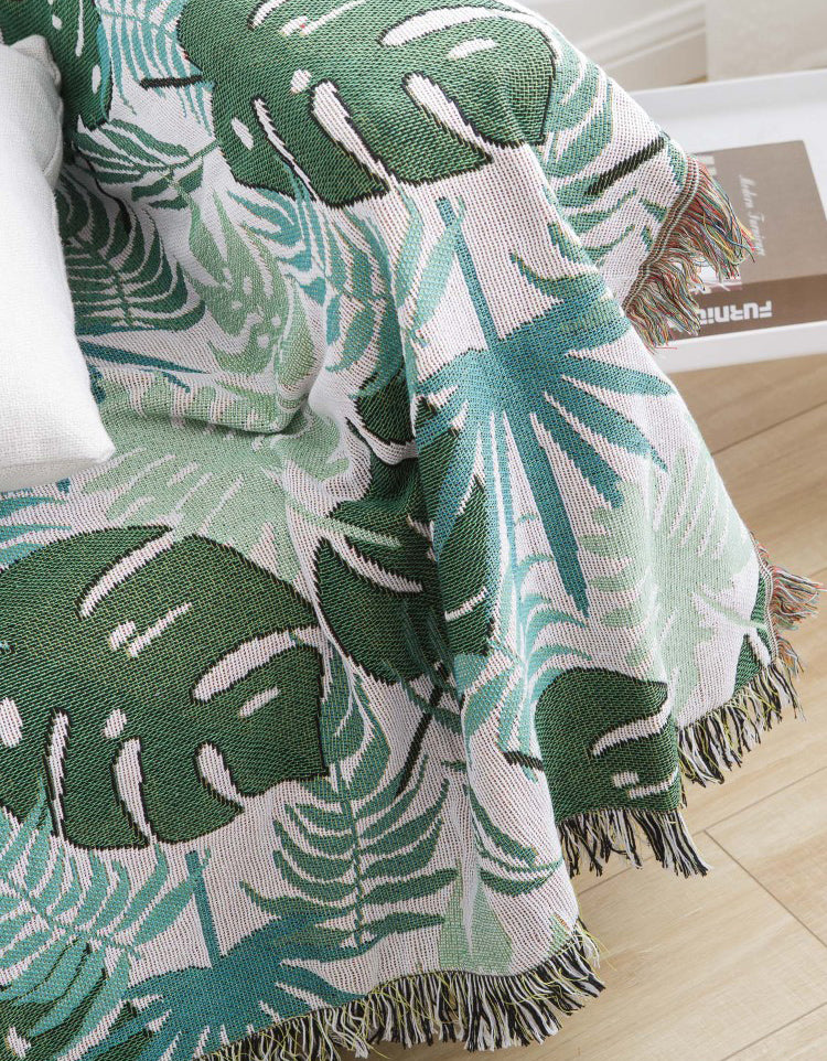 Tropical Greenery Leaf Sofa Blanket with Fringed Edges