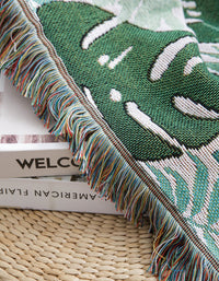 Tropical Greenery Leaf Sofa Blanket with Fringed Edges