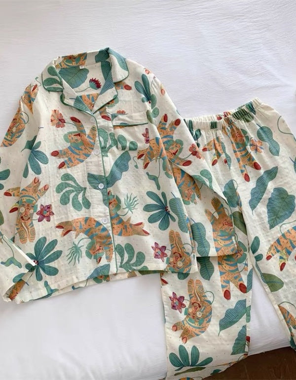 Tropical Jungle Style Pure Cotton Long-Sleeved Home Clothes Set