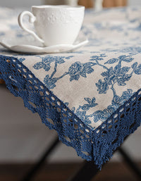 Blue Lace-edge Blue Flower Printed Tablecloth