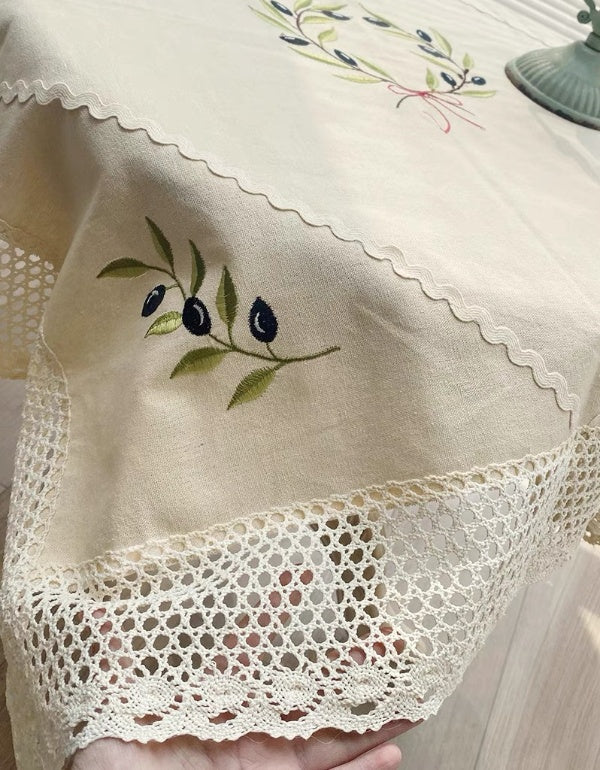 Vintage Olive Branch Embroidered Tablecloth