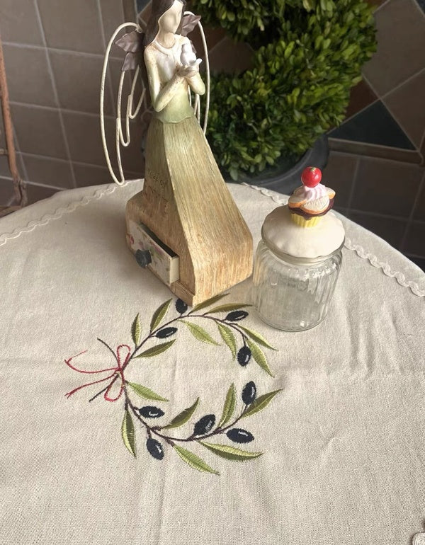 Vintage Olive Branch Embroidered Tablecloth