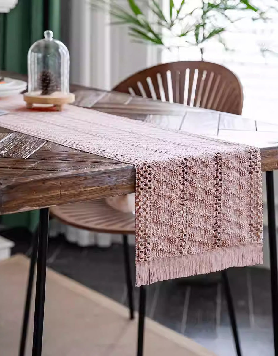 Vintage Pink Woven Tassel Table Runner