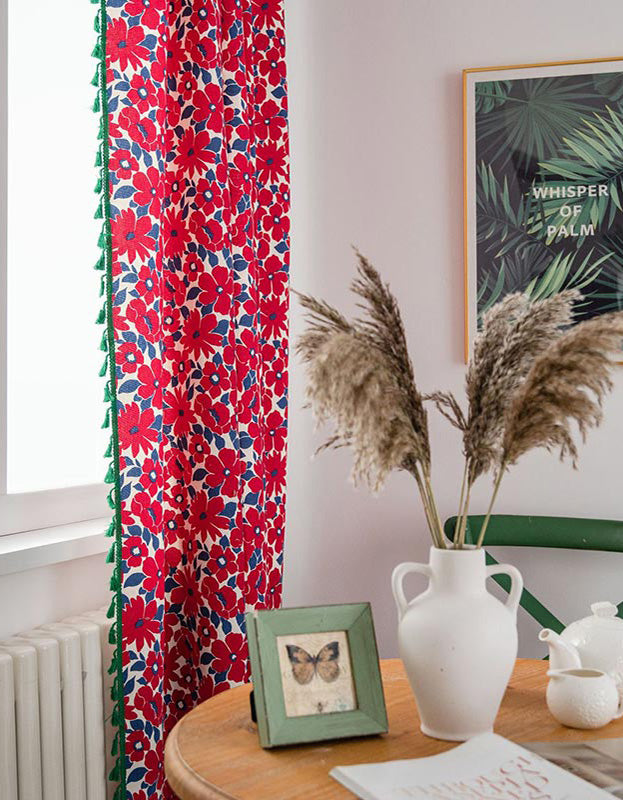 Vintage Red Flower Cotton Linen Curtain