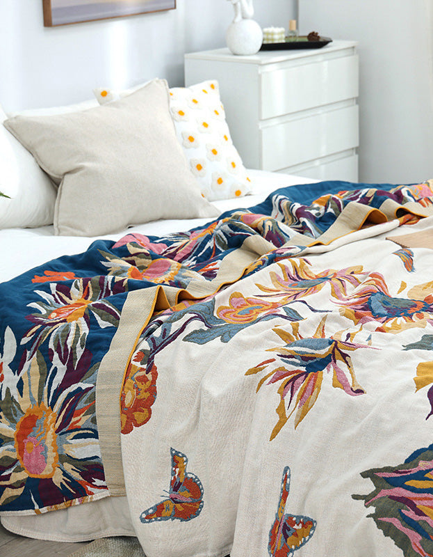 Vintage Reversible Floral Cotton Gauze Bedcover Sofa Blanket