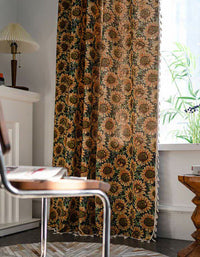 Vintage Sunflower Pattern Cotton Linen Tassel Curtains